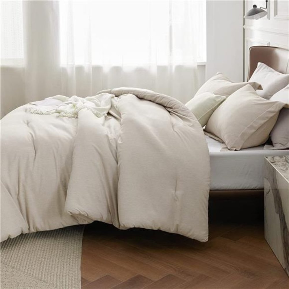 3 pc Comforter Set Beige Comforter Queen/King Soft Bedding with 2 Pillow Shams - Picture 5 of 6